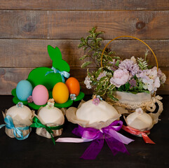 Easter cake holiday outlay with wooden decoration