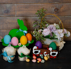 Easter cake holiday outlay with wooden decoration