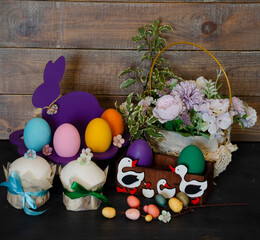 Easter cake holiday outlay with wooden decoration