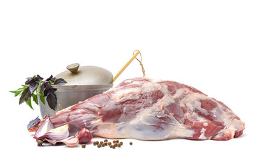 Raw leg of mutton on a bone on a white isolated background. Sheep meat close-up.A fresh piece of...