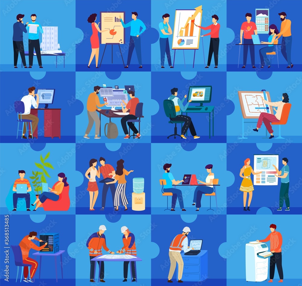 Wall mural Office workers people work flat concept vector illustration. Cartoon business office company workplaces and teamwork collection with businessman characters meeting working planning training together