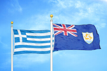 Greece and Anguilla two flags on flagpoles and blue sky
