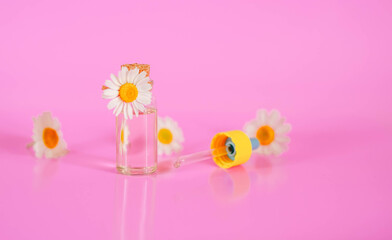 Medical chamomile essential oil in a glass jar with a pipette on a pink background.
