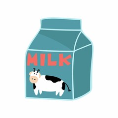 Carton of milk. Cute packaging with cow and text. Drink delicious illustration. Hand drawn doodle cartoon vector poster of products