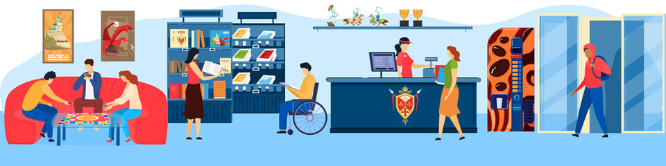 People play games activity flat vector illustration. Cartoon man woman player friend characters have fun together, playing board card game, reading and buying books in cafe shop interior background