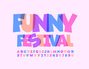 Vector event poster Funny Festival with creative bright Font. Playful colorful Alphabet Letters and Numbers