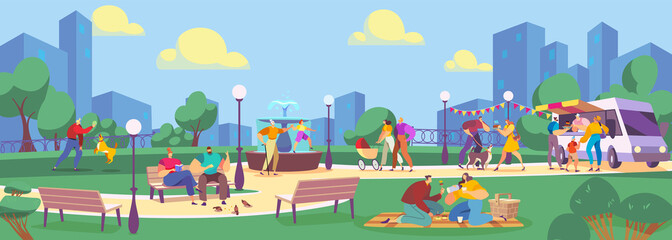 People in summer park flat vector illustration. Cartoon family characters spend time in public park, eating streetfood from food truck cafe, playing with dog. Outdoor summertime activity background