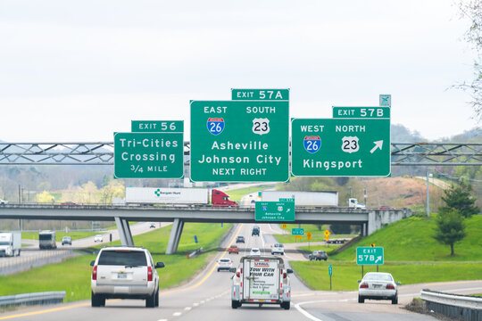 Bristol, USA - April 19, 2018: Asheville and Johnson City exit sign on highway in Tennessee on interstate 81 with cars on road