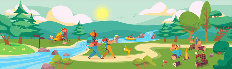 Obraz na płótnie Canvas People in summer nature park flat vector illustration. Cartoon family friends camper characters spend time together, hiking, cooking food, sitting by campfire. Summertime camping adventure background