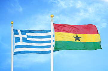 Greece and Ghana two flags on flagpoles and blue sky