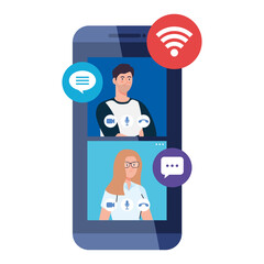 Fototapeta na wymiar couple in video chatting online on smartphone, with social media icons vector illustration design