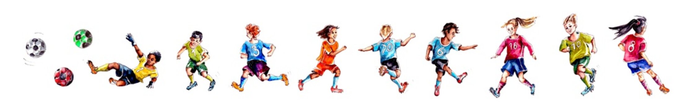 watercolor illustration collection of children playing football isolated on a white background
