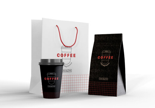 Take Away Coffee Cup, Bag and Paper Package Mockup