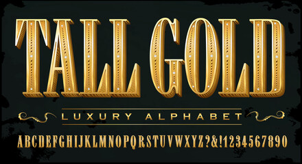 A Tall Condensed Luxury Alphabet; This Vector Font Has Ornate Details and 3d Depth.