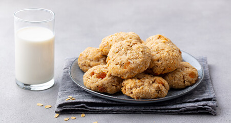 Healthy vegan oat cookies with glass of milk. Grey background. Close up.