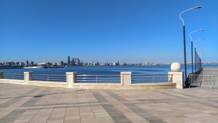Sea view from Baku city boulevard and Caspian sea. Beautiful sea boulevard scenery in Baku