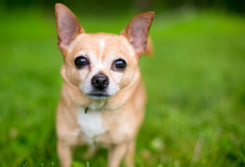 A small Chihuahua dog standing outdoors and looking at the camera
