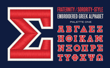 Greek Alphabet: A Fraternity or Sorority Style Alphabet with a Collegiate or Sportswear Embroidered Threads Effect.