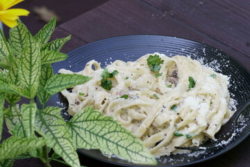 A plate of Mushroom Alfredo Fettuccini Pasta