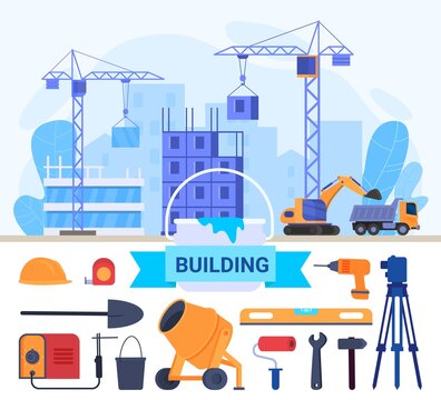 House building construction, repair tools flat vector illustration. Cartoon constructing home building, working crane engineering equipments, repairing toolbox collection for builder isolated on white