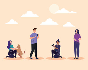 young people performing leisure outdoor activities vector illustration design