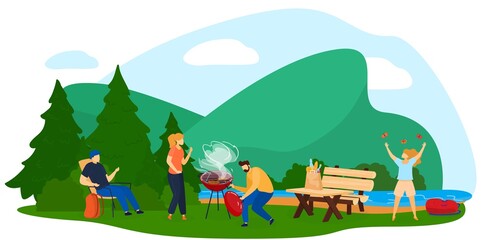 Obraz na płótnie Canvas People on bbq grill party flat vector illustration. Cartoon family or friend characters cooking grilled barbecue meat steak on summer outdoor cookout bbq picnic in nature landscape isolated on white