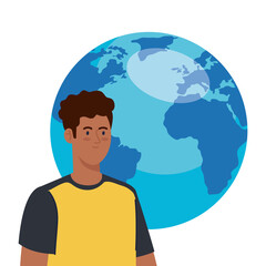 young man afro with world planet on white background vector illustration design