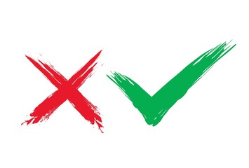 Tick and cross brush signs. Green checkmark OK and red X icons, isolated on white background.