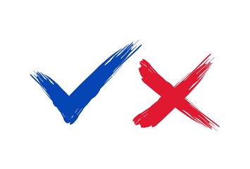 Tick and cross brush signs. blue checkmark OK and red X icons, isolated on white background.