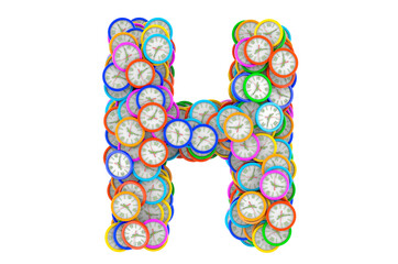 Letter H from colored wall clocks, 3D rendering