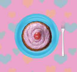 Delicious tasty cupcake with the pink icing on top and cherry. Cupcake on a plate, top view. 3d render