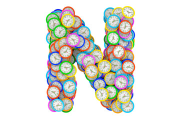 Letter N from colored wall clocks, 3D rendering