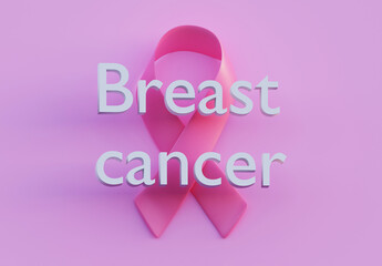 Breast cancer awareness, pink ribbon symbol on pink background, 3d render