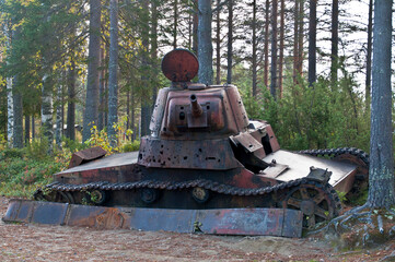 Wreckage of a tank from the Winter War near Suomussalmi, Finland.