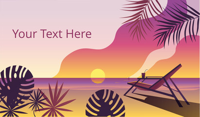 Tropical landscape with a sunset on the sea and a sun chair. Template for a horizontal banner.
