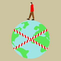 Male character in medical mask walks around the globe with a prohibition tape