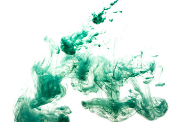 A cloud of green paint released into clear water. Isolate on a white background.