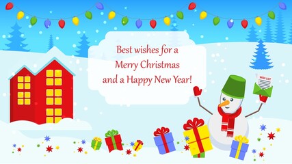 Bright Christmas card with characters for holiday decorations.