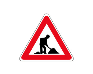 Road works sign, under construction. Red glossy road sign with working man isolated on white background.