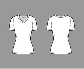 V-neck jersey t-shirt technical fashion illustration with short sleeves, tunic length. Flat sweater apparel template front, back white color. Women, men, unisex outwear top CAD mockup