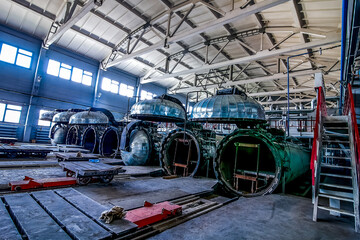 factory premises with opened autoclaves for concrete blocks production