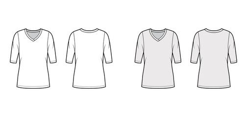 V-neck jersey sweater technical fashion illustration with elbow sleeves, oversized body, tunic length. Flat outwear apparel template front back white grey color. Women, men unisex shirt top CAD mockup