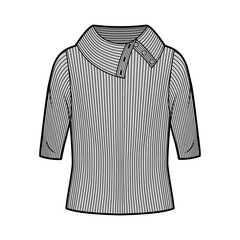 Wide button-up turtleneck ribbed-knit sweater technical fashion illustration with elbow sleeves, oversized body. Flat sweater apparel template front, grey color. Women, men unisex shirt top mockup