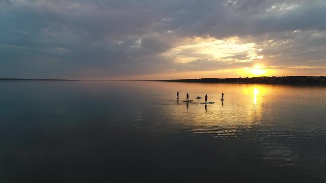 People float on sup boards along the river at sunset in summer. Aerial shot