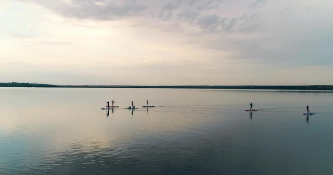 People sail the sea on boats with a paddle in summer in sunset. Aerial shot sup board