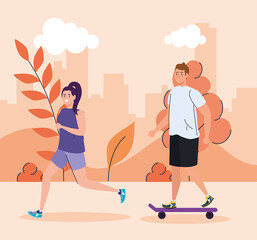 couple performing outdoor activities, young man in skateboard and woman running vector illustration design
