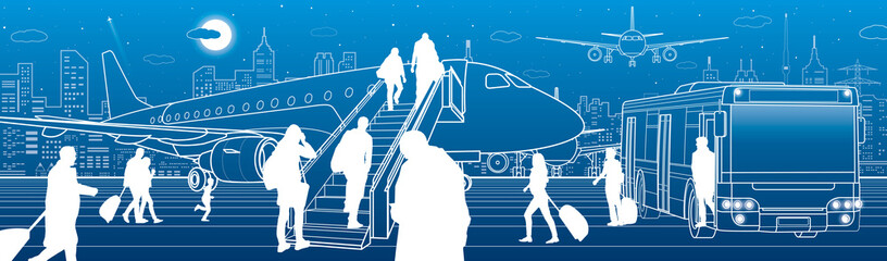 Airport scene. The plane is on the runway. Aviation transportation infrastructure scene. Airplane fly, Passengers board the plane of bus. Night city at background, vector design art
