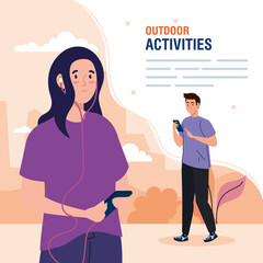 banner, couple performing leisure outdoor activities vector illustration design