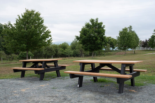 Picnic benches in empty park with no people