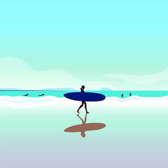 Minimalistic surfing illustration. Summer  active lifestyle. Sport on the beach in ocean and sea